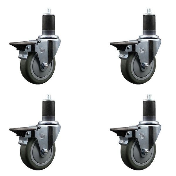 4'' Gray Poly Swivel 1-5/8'' Expanding Stem Caster Set with Brake, 4PK